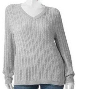 Womens Sweater Cable Knit Silver XS Lurex Long Sleeve V-Neck Croft & Barrow